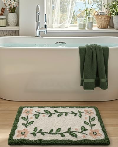 DEXI Boho Floral Bathroom Rugs 43x24, Green Leaf Bath Mat Non Slip Washable