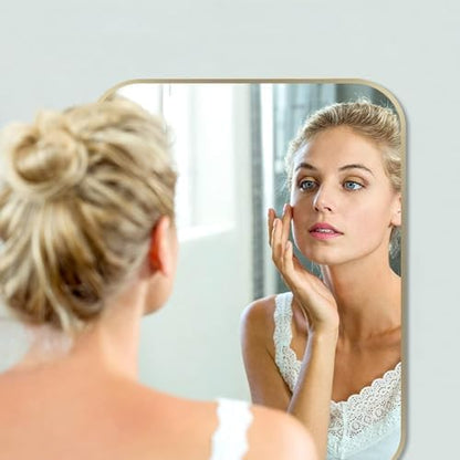 30x36 Inch Gold Bathroom Mirror, Brushed Brass Gold Metal Framed Rectangular Mirror with Rounded Corner, Bathroom Vanity Mirror for Bedroom or Living Room, Horizontal/Vertical
