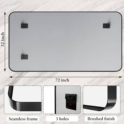 72 x 32 Inch Black Metal Framed Bathroom Mirror for Wall, Matte Framed Rounded Rectangular Modern Mirrors for Over Sink, Anti-Rust, HD Tempered Glass, Farmhouse, Hangs Horizontally or Vertically