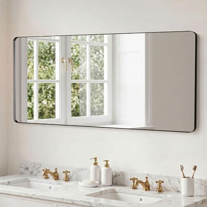 Kosmonia 60x28 inch Black Bathroom Mirror Metal Framed Rounded Rectangle