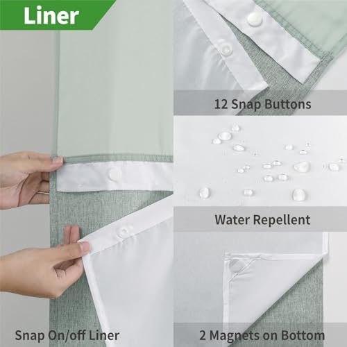 eachope No Hook Fabric Shower Curtain with Snap-in Liner,71x77 Sage Green