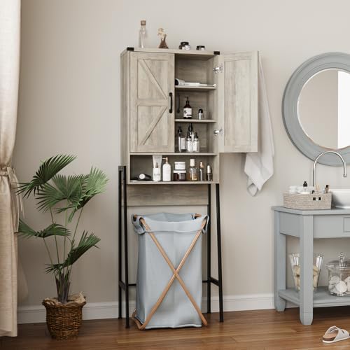 Vabches Over The Toilet Storage Cabinet with 2-Door Design Bathroom Organizers and Storage with Anti-Tip Device Over Toilet Organizer with Shelves for Bathroom,Restroom,Laundry Grey