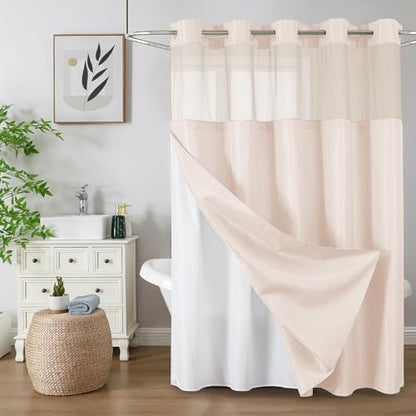 Colorful Star Blush Pink No Hook Waffle Shower Curtain Set, 72" W x 75" L