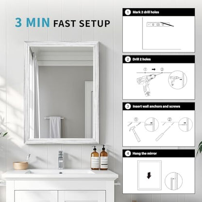 White Wood Effect Framed Wall Mirror, 24x36 Rectangle Mirror