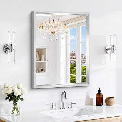 18 x 24 inch Brushed Silver Bathroom Mirror, Metal Framed Rectangle Mirror, 0.6" Thickened Deep Frame Mirrors for Living Room Bedroom Entryway, Tempered Glass, Antirust, Horizontal or Vertical