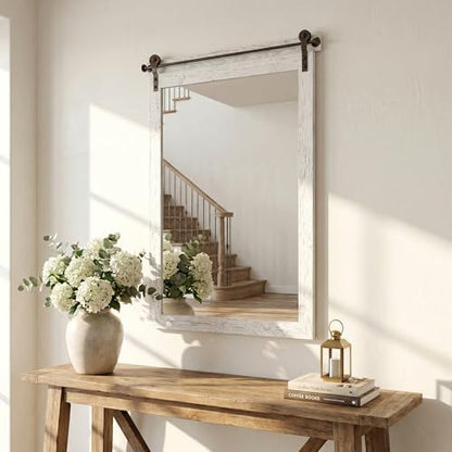 24"x36" Whitewashed Barn Door Vanity Mirror with Wood Header