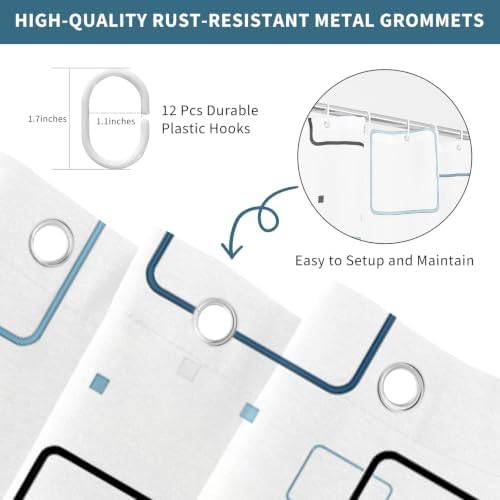 Modern Geometric Square Blue and White Shower Curtain, 72" W x 78" L