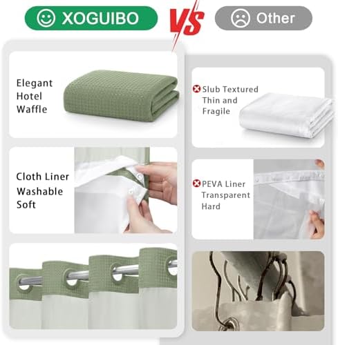 No Hook Shower Curtain with Liner Set Hotel Waffle Sage Green 72W X 75L