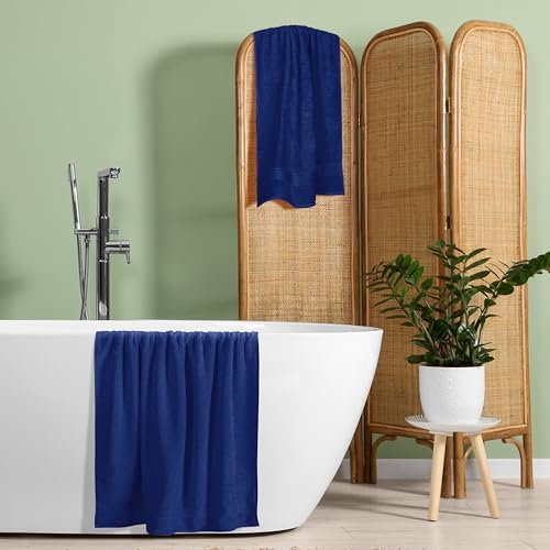 Belizzi Home Cotton 2 Pack Oversized Bath Towel Set 28x55 inches, Large Bath Towels, Ultra Absorbant Compact Quickdry & Lightweight Towel, Ideal for Gym Travel Camp Pool - Navy Blue
