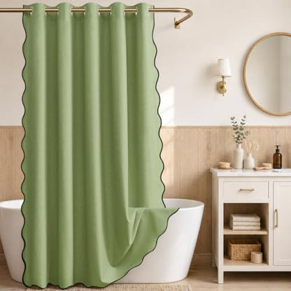 Furlinic Scalloped Linen No Hook Shower Curtain Sage Green Waterproof 72x75