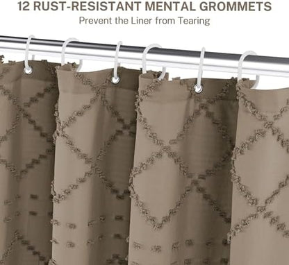 Siiluminisoy Boho Farmhouse Shower Curtain Woven Fabric Khaki Shower Curtain, 72 x 78 Tufted Chevron Textured Striped Modern Farmhouse Minimalist Shower Curtains for Bathroom