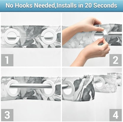 WITHLOC No Hook Floral Shower Curtain with Liner, Eucalyptus Grey, 71x74