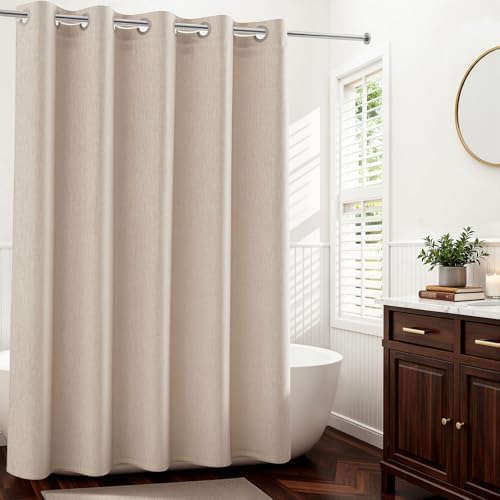 River Dream Linen Textured No Hooks Shower Curtain with Liner,Linen,71x80