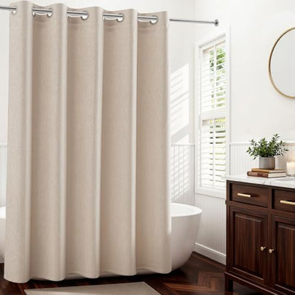 River Dream Linen Textured No Hooks Shower Curtain with Liner,Linen,71x80