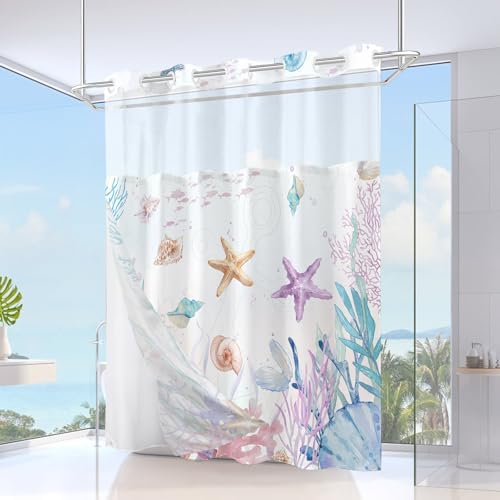 No Hook Shower Curtain and Liner Set, Watercolor Purple Beach Coastal 71x74