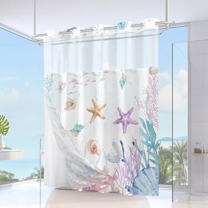 No Hook Shower Curtain and Liner Set, Watercolor Purple Beach Coastal 71x74