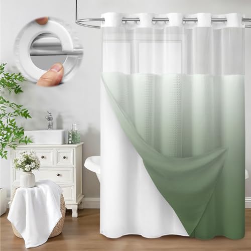 No Hook Shower Curtain with Liner Set Hotel Waffle Ombre Green 72W X 75L