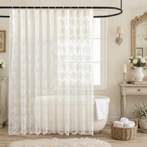 TUDECO Ivory Lace Shower Curtain with Valance, 72 x 72, Vintage Style