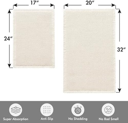 MIULEE Set of 2 Waffle Bathroom Rugs Cream White Bath Mat 17"x24"+20"x32"
