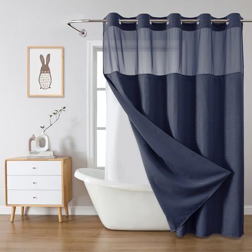 eachope No Hook Waffle Shower Curtain with Snap-in Liner, 71x74 Inch, Navy