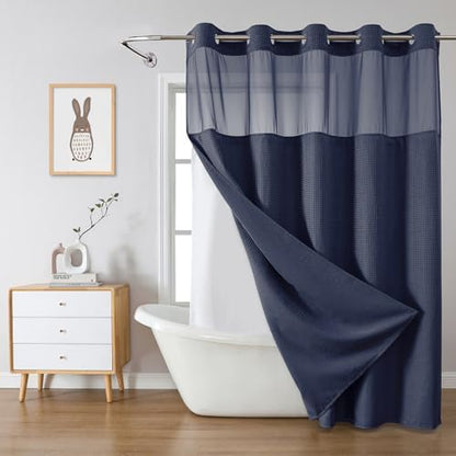 eachope No Hook Waffle Shower Curtain with Snap-in Liner, 71x74 Inch, Navy