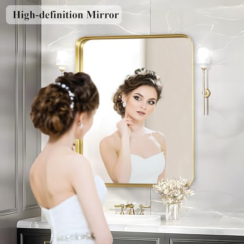 Gold Bathroom Vanity Mirror Over Sink 30x36, Large Wall Rectangle Mirror