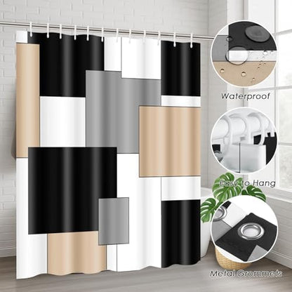 Bathroom Sets with Shower Curtain and Rugs, 4 Pcs, Geometric Beige