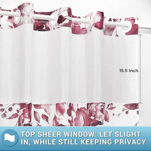 WITHLOC No Hook Shower Curtain with Liner, Eucalyptus Burgundy, 71x74