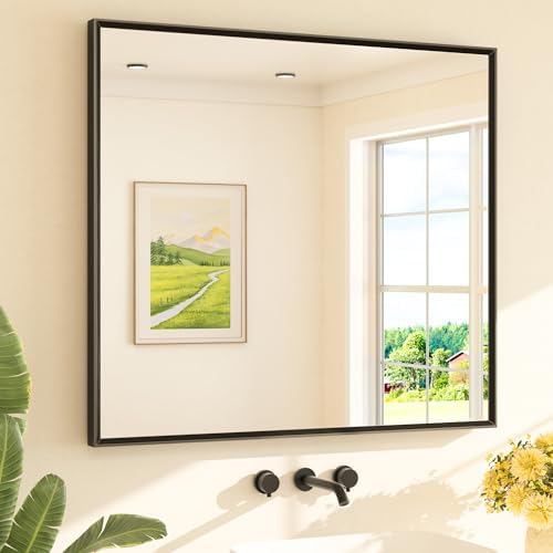 TETOTE Black Framed Mirror for Bathroom Vanity 40" x 36" Matte Black Rectangle Beveled Frame Wall Mirror for Over Sink, Tempered Glass, Modern Farmhouse Bedroom, Entryway, Living Room