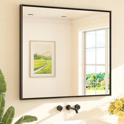 TETOTE Black Framed Mirror for Bathroom Vanity 40" x 36" Matte Black Rectangle Beveled Frame Wall Mirror for Over Sink, Tempered Glass, Modern Farmhouse Bedroom, Entryway, Living Room