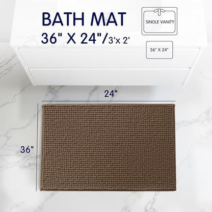 SUBRTEX Bathroom Rugs, 24" x 36" Chenille Bath Rug Soft Short Plush Bath Mat Soft Shower Mat Water Absorbent Shower Mat Quick Dry Machine Washable, Brown
