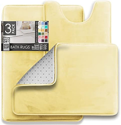 Clara Clark 3 Piece Bathroom Rugs Bath Mat Set, Velvet Memory Foam Bath Mats for Bathroom - Non-Slip, PVC Backing Bath Rugs, Washable - Dries Quickly, Yellow