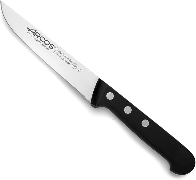 Arcos Kitchen Knife 5 Inch Nitrum Stainless Steel and 130 mm blade. Professional Utilty Knife. Ergonomic Polyoxymethylene POM Handle. Series Universal. Color Black