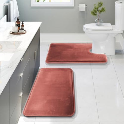 Clara Clark 2 Piece Bathroom Rugs, Velvet Memory Foam Bath Mat Set, Non-Slip Bath Rugs, Machine Wash, Dries Quickly, Ultra Soft Plush Bath Mats for Bathroom, 20 x 32 + Contour, Misty Rose