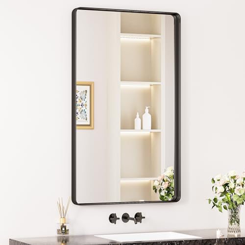 Keonjinn 40 x 24 Inch Black Vanity Mirror, Aluminum Frame Bathroom Mirror