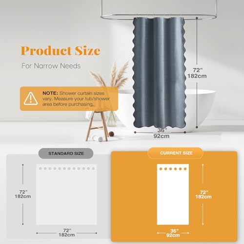 BTTN Stall Boho Scalloped Linen Textured Shower Curtain, 36x72, Blue Grey