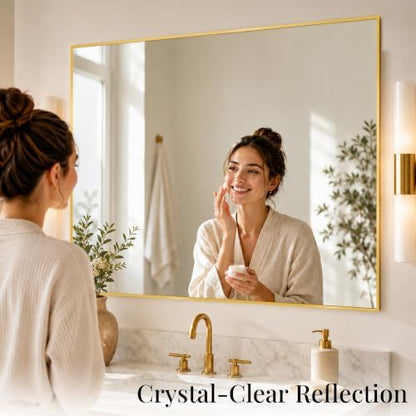 48"x36" Brushed Gold Large Framed Bathroom Vanity Wall Mirror