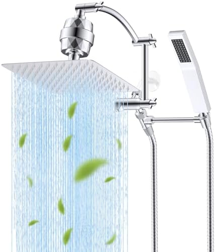 Hibbent All Metal 10'' Filtered Rainfall Shower Head with Handheld Combo, High Pressure Shower Wand, 16'' Adjustable Arc Extension Arm, 20 Stage Shower Filter, 71'' Hose, Shower Head Holder, Chrome