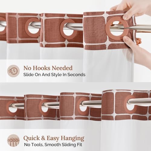 RiverDream Farmhouse No Hook Shower Curtain with Snap-in Liner,Orange,71x74
