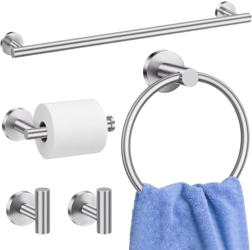 5 Pieces Bathroom Hardware Accessories Set Brushed Nickel, 24Inch Round Towel Racks Set for Bathroom, SUS304 Stainless Steel Towel Bar Set,Toilet Paper Holder Wall Mounted