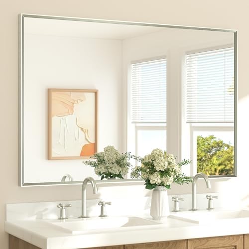 TETOTE Brushed Nickel Bathroom Vanity Mirror 55" x 36" Beveled Framed Bathroom Wall Mirror for Over Sink Brushed Nickel, Tempered Glass, Modern Farmhouse Bedroom, Entryway, Living Room