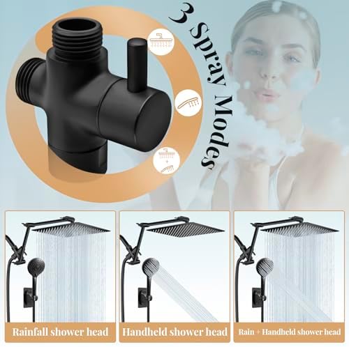 12" Black Rain Shower Head with Handheld Spray and 16" Extension Arm