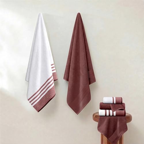 Modern Threads 6 Piece Bath Towel Set – Bathroom Towel Set with 2 Bath Towels, 2 Hand Towels & 2 Washcloths – 100% Cotton, Soft & Absorbent – Classic Border Stripe (Rose)