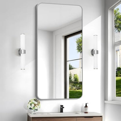 48x24 Inch Silver Bathroom Mirror, Metal Framed Silver Rectangle Mirror, Rounded Rectangular Vanity Mirror, Wall Mounted Mirrors for Living Room Bedroom Entryway Hangs Horizontal or Vertical