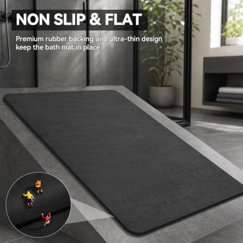 MontVoo -Bath Mat-Rubber Backing Non Slip Quick Dry Absorbent Thin Bathroom Rugs Fit Under Door-Faux Suede Surface Bathroom Floor Mats-Shower Rug for in Front of Bathtub Shower Dark Grey Rug Set