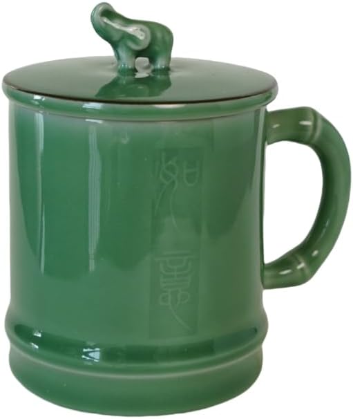 Elephant Lid Ceramic Mug, 12oz Handcrafted Longquan Celadon — Loose Leaf Tea Infuser Cup with Handle, Jade Green Porcelain, Meaningful Gift for Tea Lovers, Gift Box