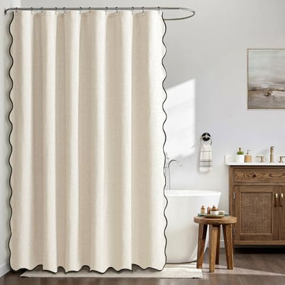 MIULEE 72"x84" Extra Long Scalloped Linen Shower Curtain Light Cream