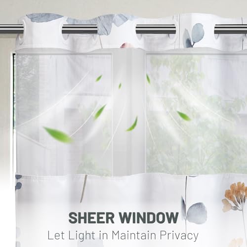 WITHLOC No Hook Floral Shower Curtain with Liner, Blue Beige, 71x74
