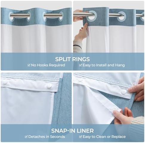 River Dream Linen Textured No Hooks Shower Curtain with Liner,Blue,71x74