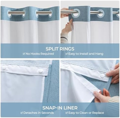 River Dream Linen Textured No Hooks Shower Curtain with Liner,Blue,71x74